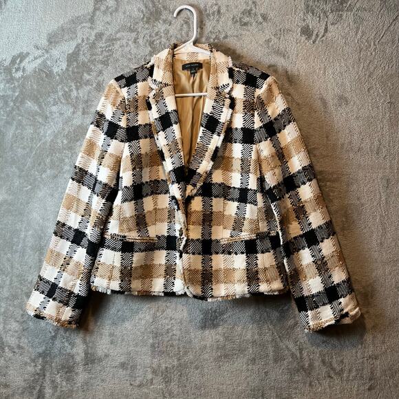 Ann Taylor NEWBURY Plaid Blazer Check One Button Fringe Sz 12 Career Preppy - Picture 1 of 6